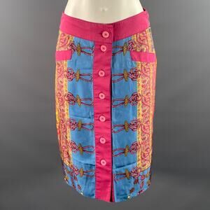 ETRO Size 6 Pink Blue Silk Cotton Paisley Knee-Length Skirt